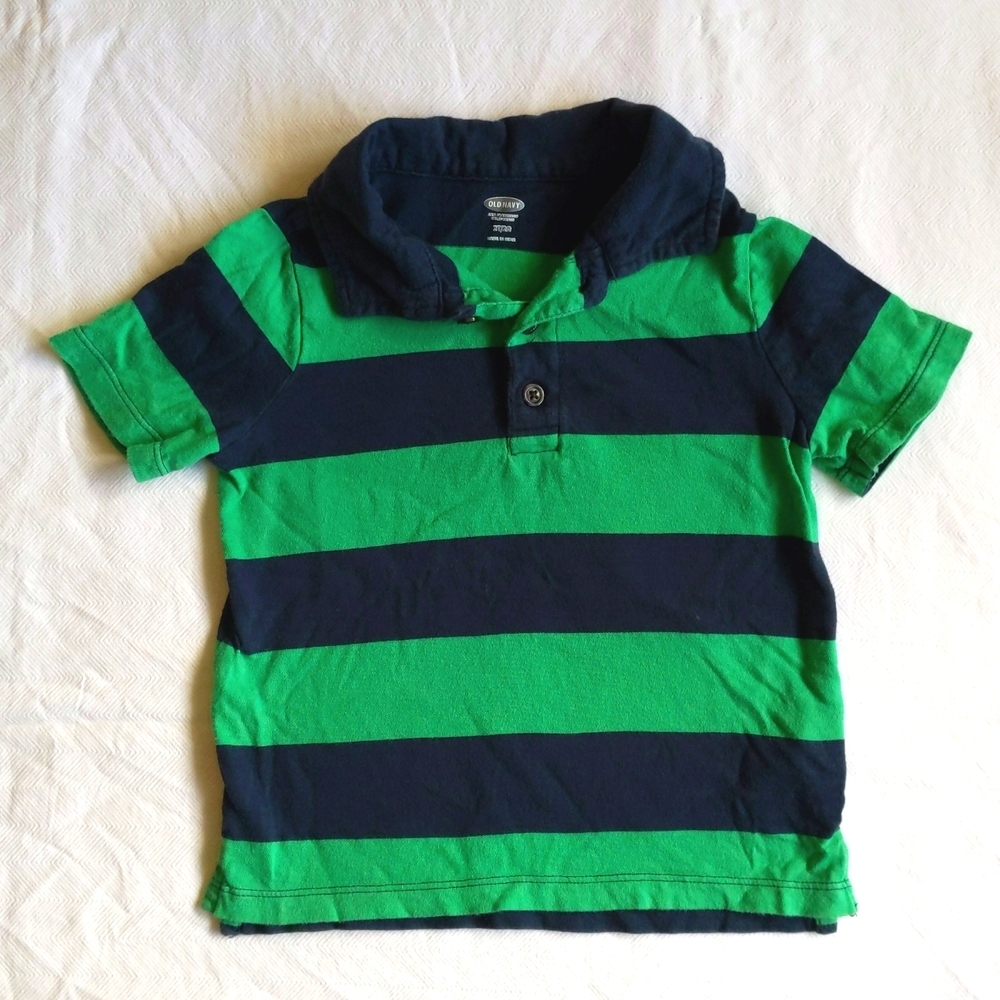 old navy soft cotton green & blue striped polo shirt 2T toddler boys